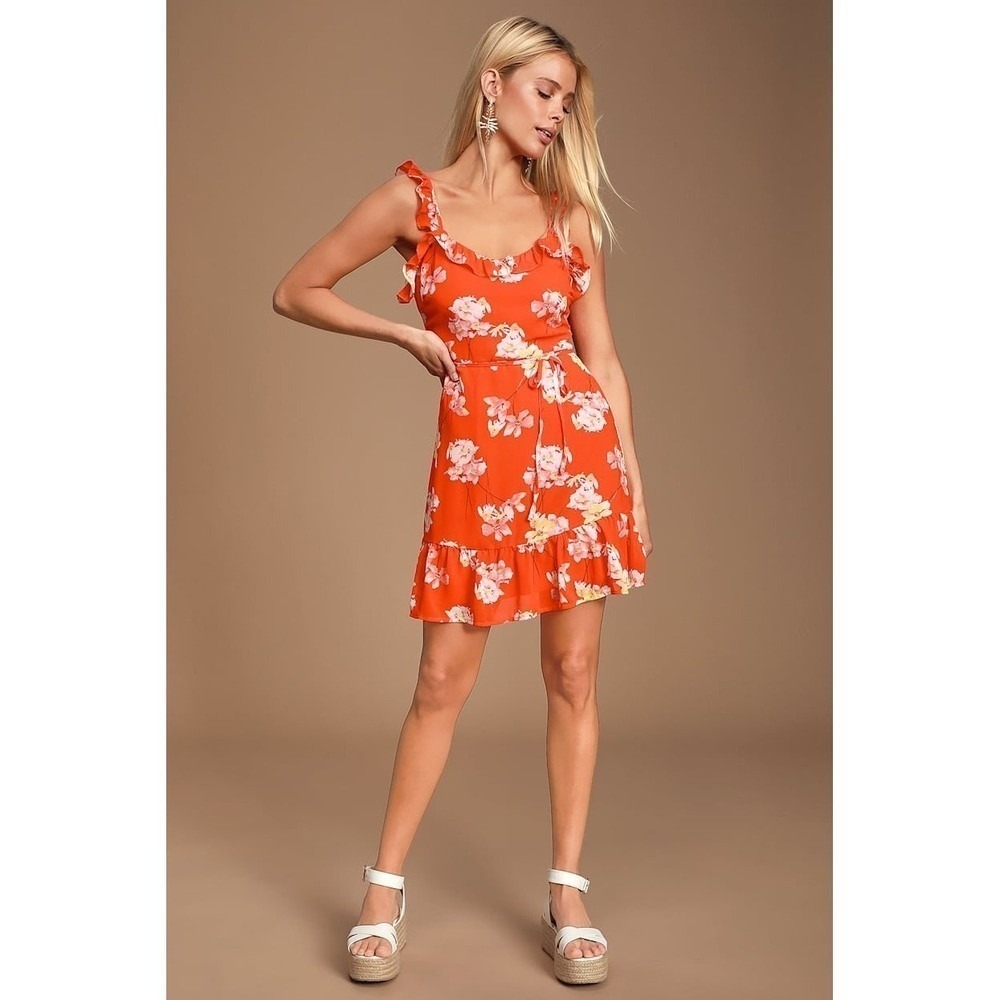 Lulus Garden Me Something Orange Floral Print Ruffled Mini Dress Small Tie Waist